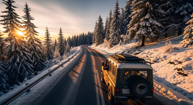 Winter road trip adventure driving through snowy landscape with car and pine trees travel destination - Powered by Adobe