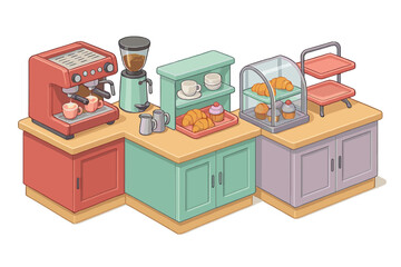 Colorful isometric coffee shop counter with espresso machine and baked goods display