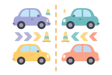 Fototapeta premium Cute colorful cars driving on a road with traffic cones and directional arrows