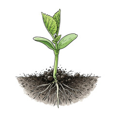 Minimalist Vector Illustration of a Young Plant with Soil in Organic Style Featuring Green Leaves and Root System