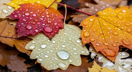 Autumn Leaves with Water Droplets - A Colorful Close-up.