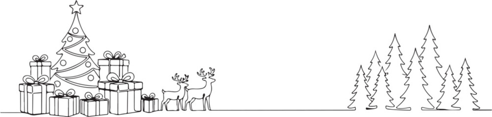 Minimalist Christmas Scene with Tree Gifts and Reindeer in Line Art