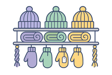 Colorful winter accessories displayed on shelves including knitted hats, rolled scarves, and mittens