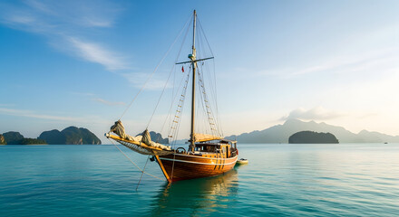 Explore the ocean on a wooden sailboat: sailing adventure and tropical island travel destination trip