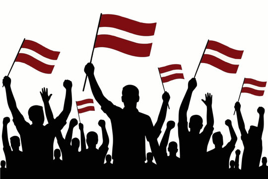 Latvia Black and White Independence Crowd Silhouette Vector, Patriotic People Clipart