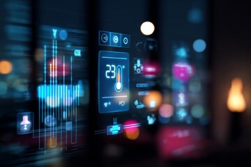 Harnessing iot power for ultimate home efficiency. Ai collaboration. Enhanced home automation: interactive thermostats and iot tech. Futuristic technology. Digital intelligence.