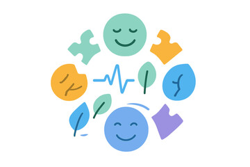 Colorful icons representing holistic health, happiness, nature, and emotional balance