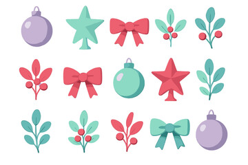 Festive Christmas and winter holiday decorative elements set with ornaments, stars, bows, and botanical sprigs