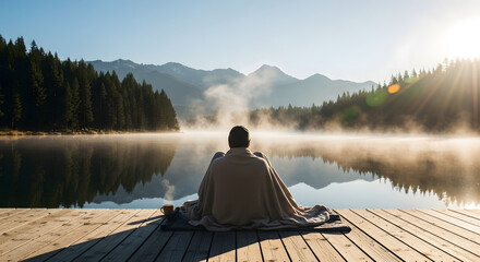Lake view morning person wrapped in blanket on dock enjoying nature and peaceful landscape scene outdoors