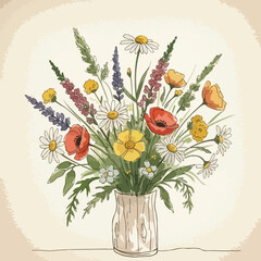 Vintage Floral Vector Illustration with Mixed Wildflowers in Soft Pastel Colors in Organic Style