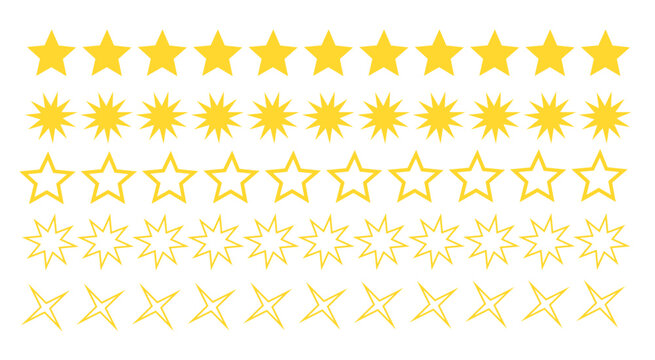 Shining Stars: A collection of various golden stars arranged in neat rows, each radiating a unique charm. The collection contains different star shapes. 