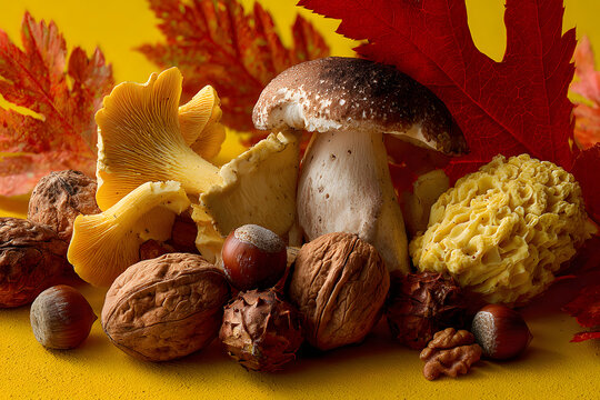 Composition with mushrooms, nuts and autumn leaves on yellow background