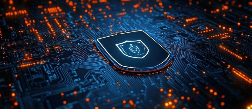 Glowing shield icon on a digital circuit board representing cybersecurity and data protection in a high-tech environment