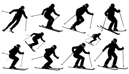 Silhouetted skiers, executing diverse turns and poses, captured against a stark white backdrop. Active individuals on skis, demonstrating skill