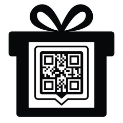 Black Christmas gift box icon with a bow, featuring a QR code on the front face. Simple, modern design suitable for digital gifts, e-commerce, mobile scanning, and tech-related gift concepts.