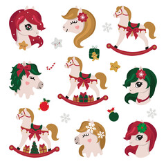 Chinese New Year vector symbol. 2026 of the Horse. Lunar new year concept. Christmas rocking horse. New year horse with gifts. Merry Christmas. New Year. Xmas. Flat vector cartoon illustration