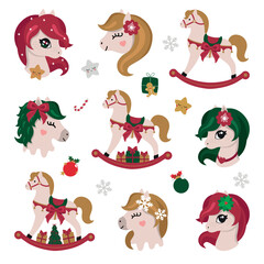 Obraz premium Chinese New Year vector symbol. 2026 of the Horse. Lunar new year concept. Christmas rocking horse. New year horse with gifts. Merry Christmas. New Year. Xmas. Flat vector cartoon illustration