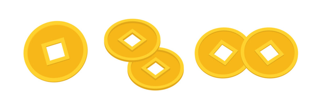 Set of Chinese gold coin icon.
Traditional chinese copper coin flat vector illustration.
White background.