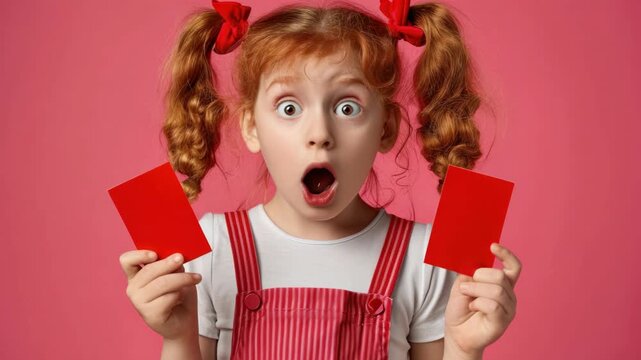 A joyful young girl holding two red cards in her hands.