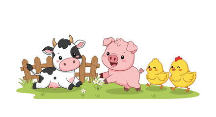 Obraz premium Adorable cartoon farm animals including a cow, pig, and chickens enjoying a sunny day on a grassy field with a wooden fence