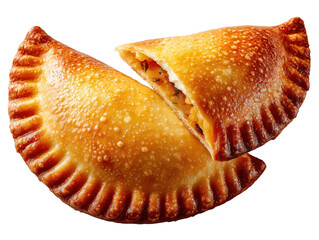 Golden Pastry Delights: A close-up shot of two golden, crispy pastries, one split open to reveal a savory filling, presenting a delicious culinary experience.