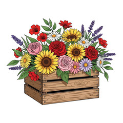 Vector Floral Arrangement Illustration with Sunflowers Roses Daisies Lavender in Vintage Style