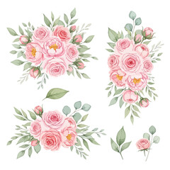 Vector Floral Pattern with Pink Roses and Green Leaves in Vintage Botanical Style