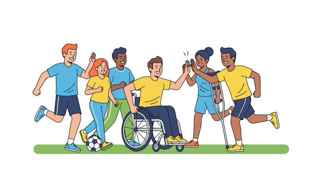 Diverse team celebrating athletic achievement together in vibrant outdoor setting with soccer ball and crutches - Powered by Adobe