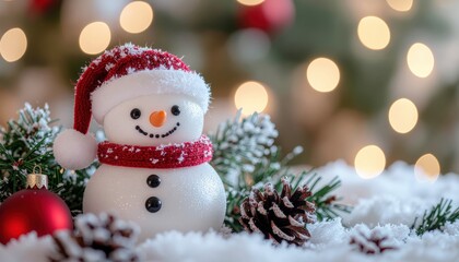 Festive snowman decoration on snowy surface with pinecones christmas celebration indoor close-up holiday spirit