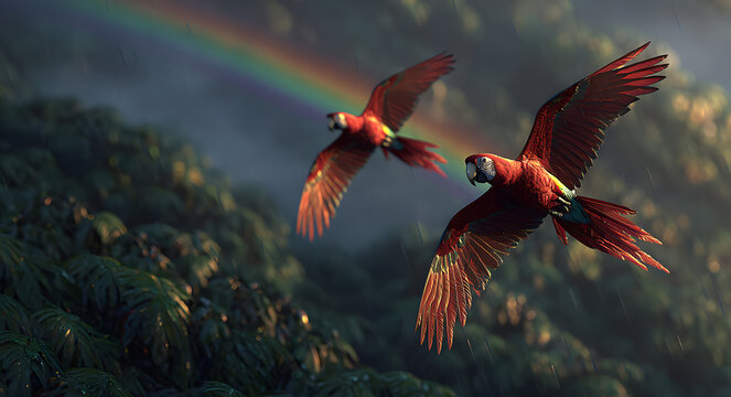 Scarlet macaws flying over rainforest with rainbow in background