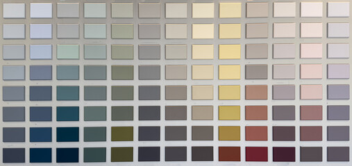 Large color palette with neutral and pastel paint samples arranged in grid
