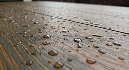 Close-up of water droplets on a wooden surface, showcasing water resistance.
