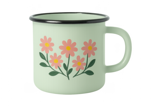 Enamel mug with pink floral design, transparent background
