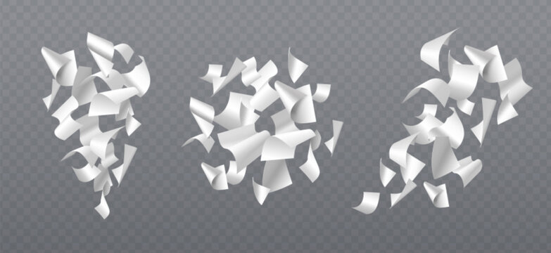 3d white paper sheets falling in pile with fly page and document pieces scattered through air for office chaos or paperwork. Curved fragments floating dynamically. Realistic mockup elements.