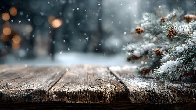 empty wooden table top with frame made of snowflakes and fir tree branches background for design for winter holidays christmas and new year top view flat lay with copy space - Powered by Adobe