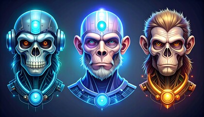 Three stylized, futuristic ape-like humanoid portraits with glowing accents and tech-inspired elements
