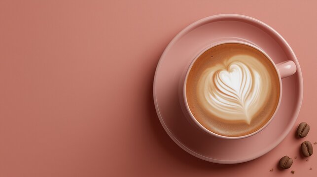Minimal top view of cappuccino with latte art heart in pastel pink cup symbolizes warmth, love, and modern coffee culture. Elegant design concept for branding, cafe menus, and lifestyle advertising