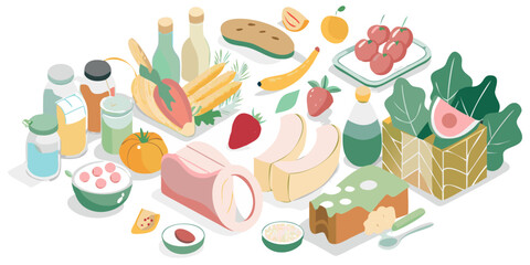 Isometric arrangement of fresh food items including fruits vegetables meat and drinks in a vibrant flat illustration style
