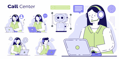 Call center team and robot assistant providing customer support and communication services