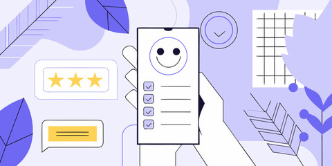 Customer feedback survey on smartphone with happy face and star rating