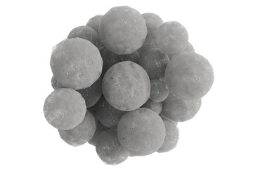 A dense cluster of textured, spherical objects varying in shade from light gray to dark, resembling tiny celestial bodies or a microscopic cellular structure