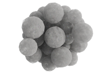 A dense cluster of textured, spherical objects varying in shade from light gray to dark, resembling tiny celestial bodies or a microscopic cellular structure