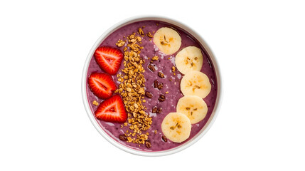 Vibrant purple acai smoothie bowl topped with banana slices, strawberries
