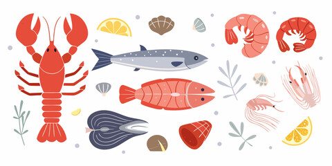 Collection of fresh seafood and fish with lemon slices and seaweed elements