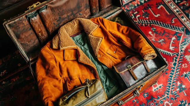 A brown leather jacket and green fabric bag rest atop a worn leather suitcase, set against the backdrop of a vibrant red Persian-style rug.