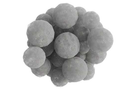 A dense cluster of textured, spherical objects varying in shade from light gray to dark, resembling tiny celestial bodies or a microscopic cellular structure