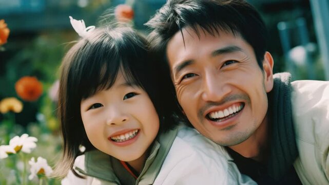 A heartwarming family moment captured outdoors, the father and daughter share joy and happiness.