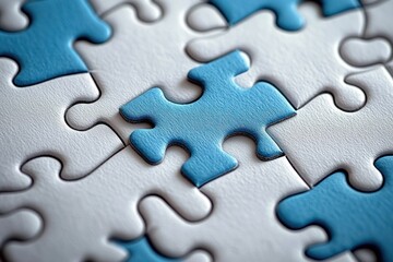 Close-up of a partially completed jigsaw puzzle with interlocking blue and white pieces showing a sense of completion and challenge