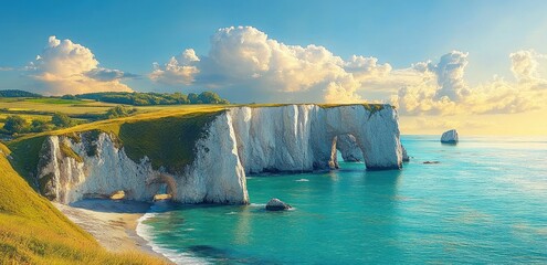 Bright sunny day with dramatic white cliffs, green grass, clear turquoise sea, and a cloudy blue sky creating a peaceful coastal landscape