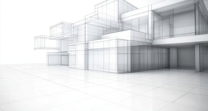Architectural wireframe rendering of a modern multi-level building with transparent lines and geometric shapes in a minimalistic digital environment